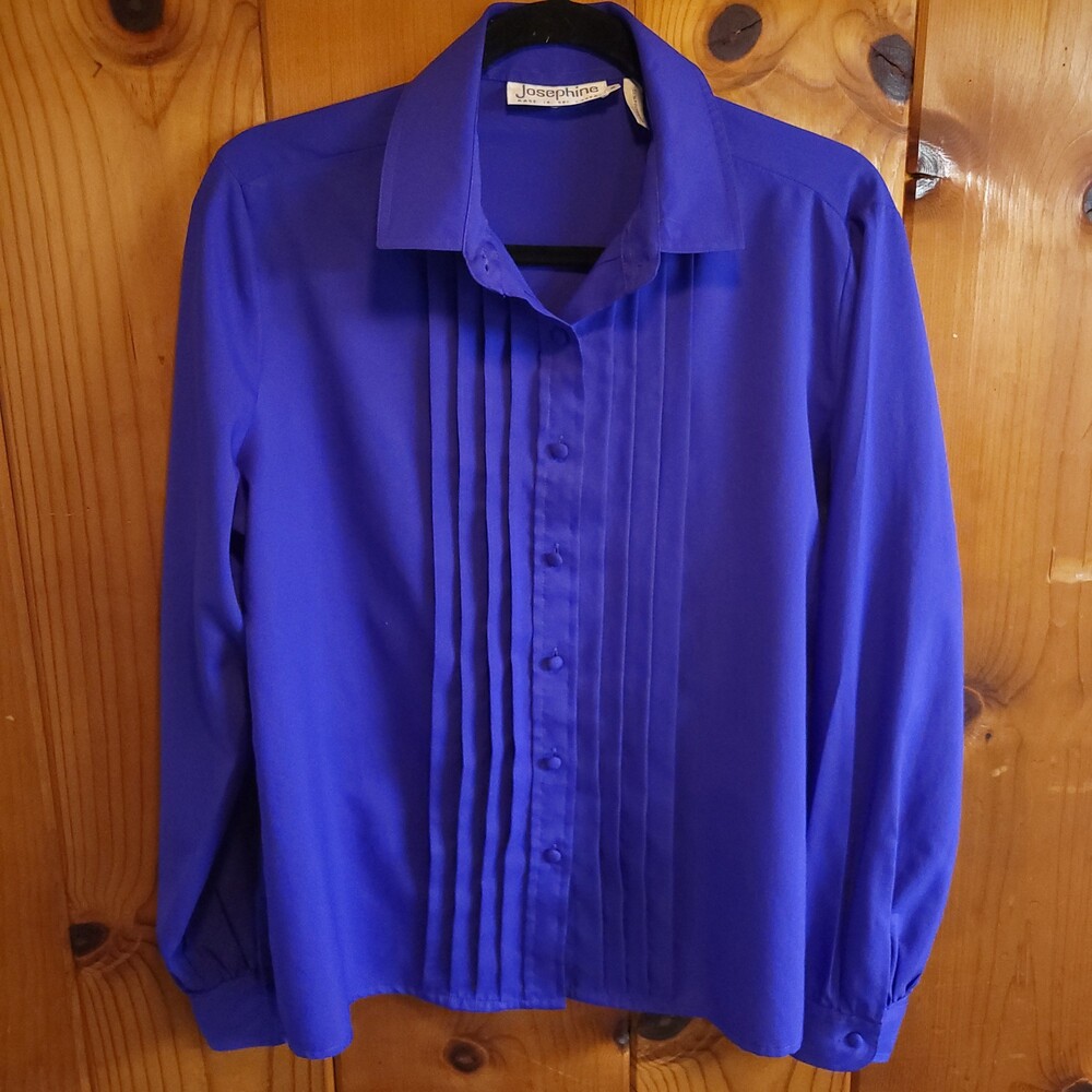 Vintage 80s Josephine Long Sleeve Royal Blue Dress Shirt Pleated Front Button Up
